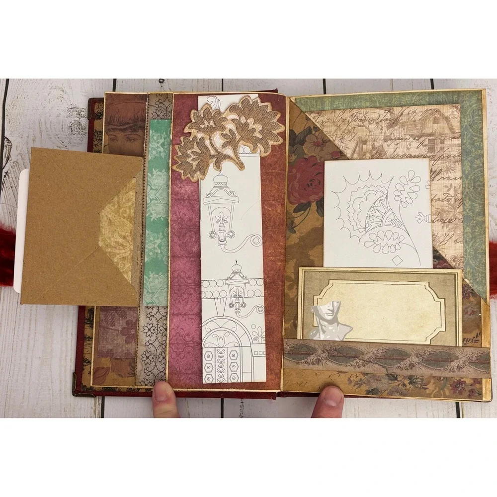 Handmade Regency Victorian Junk Journal Memory Keeper Red Gold Velvet Ribbon Tie